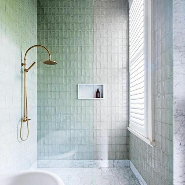 #greenbathroom #bathroom #interiordesign #interiordecorating #design #decor #decorating #tiles #greentiles #gold #goldfixtures #marble ift.tt/2Pvi7z8