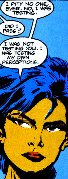 If you go by the first issue of Question, she's in it for the money and some sort of violent pleasure. If you go by the second, she's in it because she enjoys studying other people's motivations.But the 1988 Annual offers an explanation that's both simple and profound.