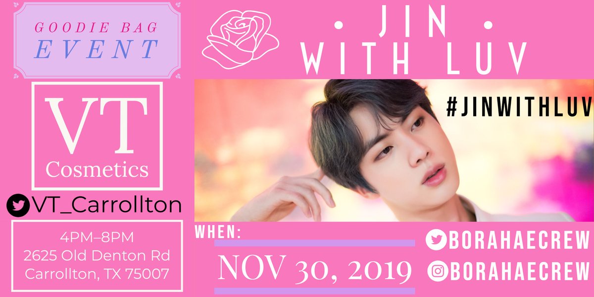 BangtanStan19's tweet photo. I’m super excited for this Jin event. 

If anyone has any questions follow @BorahaeCrew for more information. 

Can’t wait to see everyone there 💜💜💜 

#JinWithLuv #DFWArmy #Jin #borahaecrew #kimseokjin #DallasTX #JinEvent https://t.co/u58zOg7rdc