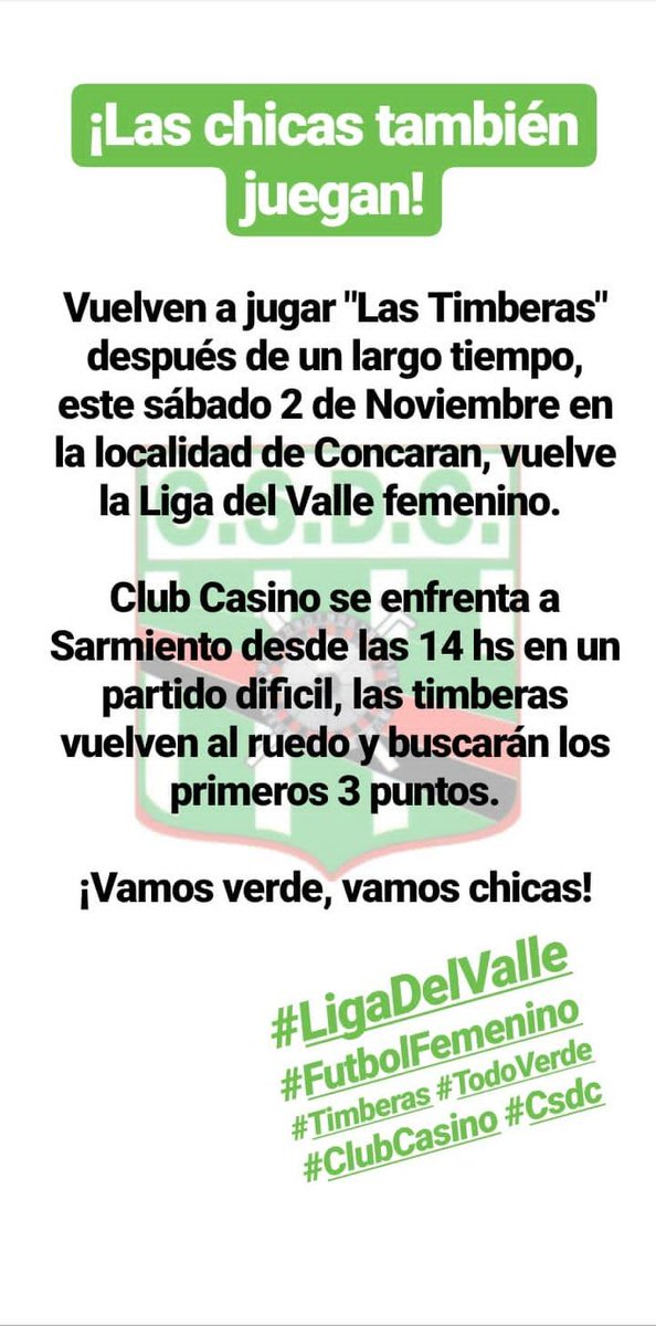 ClubCasinoSL's tweet photo. ¡LAS CHICAS TAMBIEN JUEGAN!
Vuelven a jugar "Las Timberas" después de un largo tiempo, este sábado 2 de Noviembre en la localidad de Concaran, vuelve la Liga del Valle femenino.
#LigaDelValle #FutbolFemenino
#Timberas #TodoVerde
#ClubCasino #Csdc https://t.co/Iy34MWjRcR