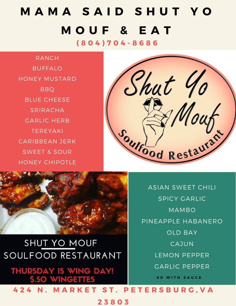 ShutYoMoufSoul's tweet photo. *Try One of our NEW Flavors! *
Thursday is wingday!
#MamaSaidShutYoMoufNEat https://t.co/9GBeJEgtbI