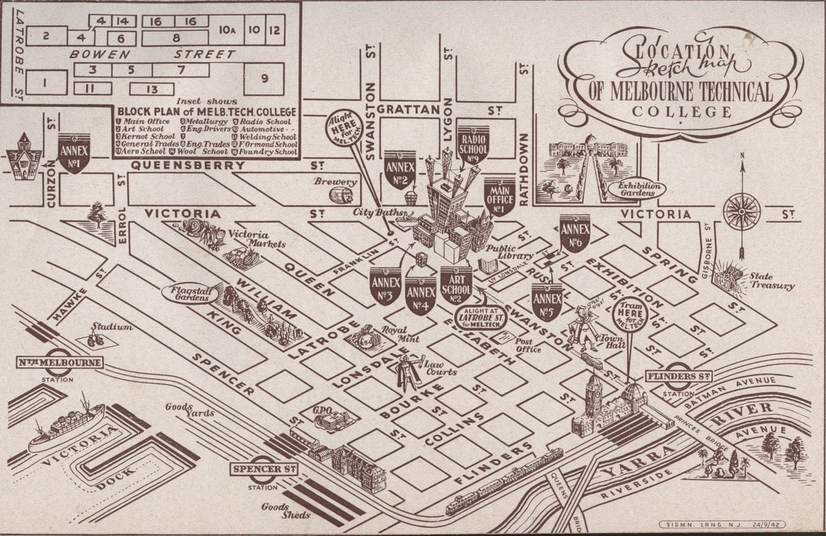 Sketch map of Melbourne showing the location of the Melbourne Technical College campus buildings