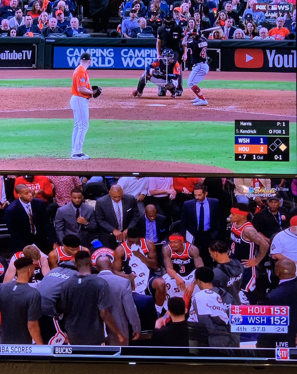 mumof4and1's tweet photo. Did anyone else notice that Houston was playing Washington...while Houston was playing Washington??? #geniusstatus #2019 #WorldSeries #Astros #Nationals #Rockets #Wizards https://t.co/34JCrGWmG9