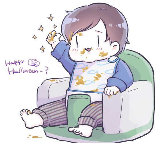 ハロウィンは特になにもする予定は無いのですが、かぼちゃパン粥を大変楽しそうにこねくりまわしていた息子を置いておきます 