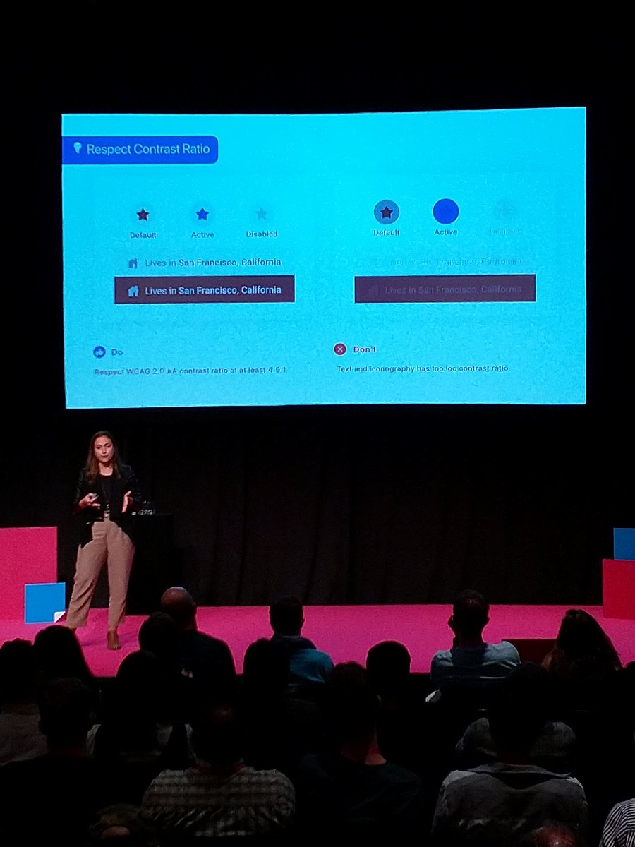 anyNZ's tweet photo. Yay! My cry for more contrast is supported by Caterina Falleni from Facebook. 😃 A fascinating talk! #UXNZ2019 https://t.co/A2NDgyi7Db