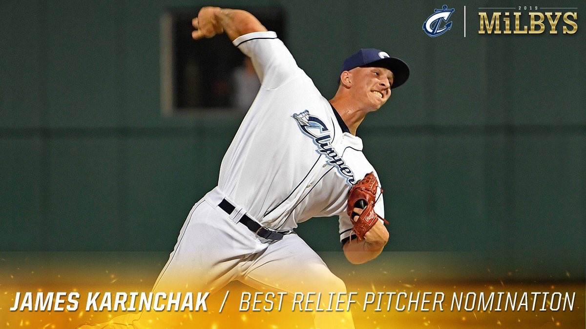 ClevelandIndi19's tweet photo. Vote now for James Karinchak for 2019 MiLBY Top Relief Pitcher!  Karinchak dominated AAA hitters with a 1.66 xFIP (expected fielding-independent pitching) this year. (photo via @CLBClippers)https://t.co/IXlFPwq1xe https://t.co/Jm4JnS4fA5