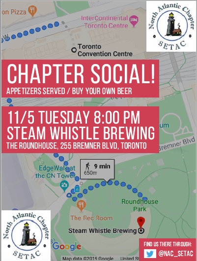 nac_setac's tweet photo. Current and future #NACSETAC members going to the national #SETAC meeting next week: please join us at our social in Toronto Tuesday 11/5 at Steam Whistle Brewing! https://t.co/ZUdusm7Pyc