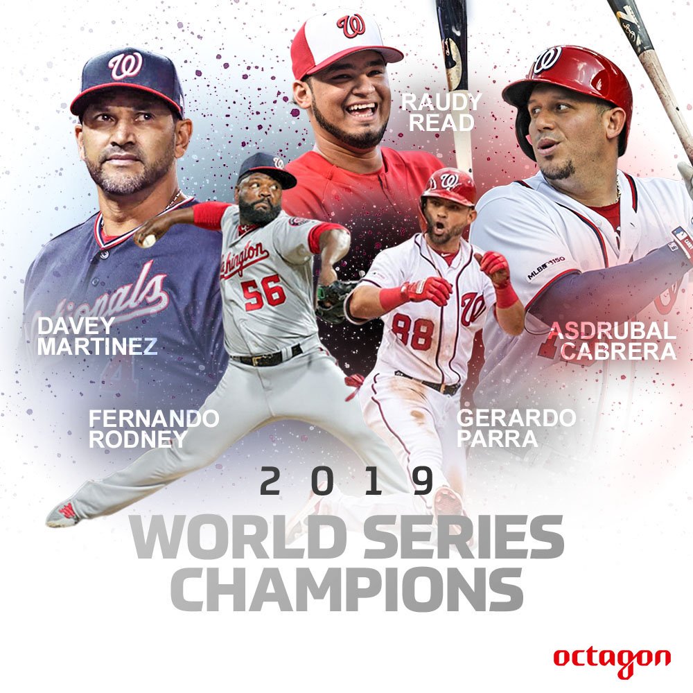 Octagon's tweet image. Congratulations to @OctagonBaseball clients @F_Rodney56, @RealRaudyRead, @88_gparra, Davey Martinez, Asdrubal Cabrera and the @Nationals organization on their first #WorldSeries Championship! 🏆#octagonfamily