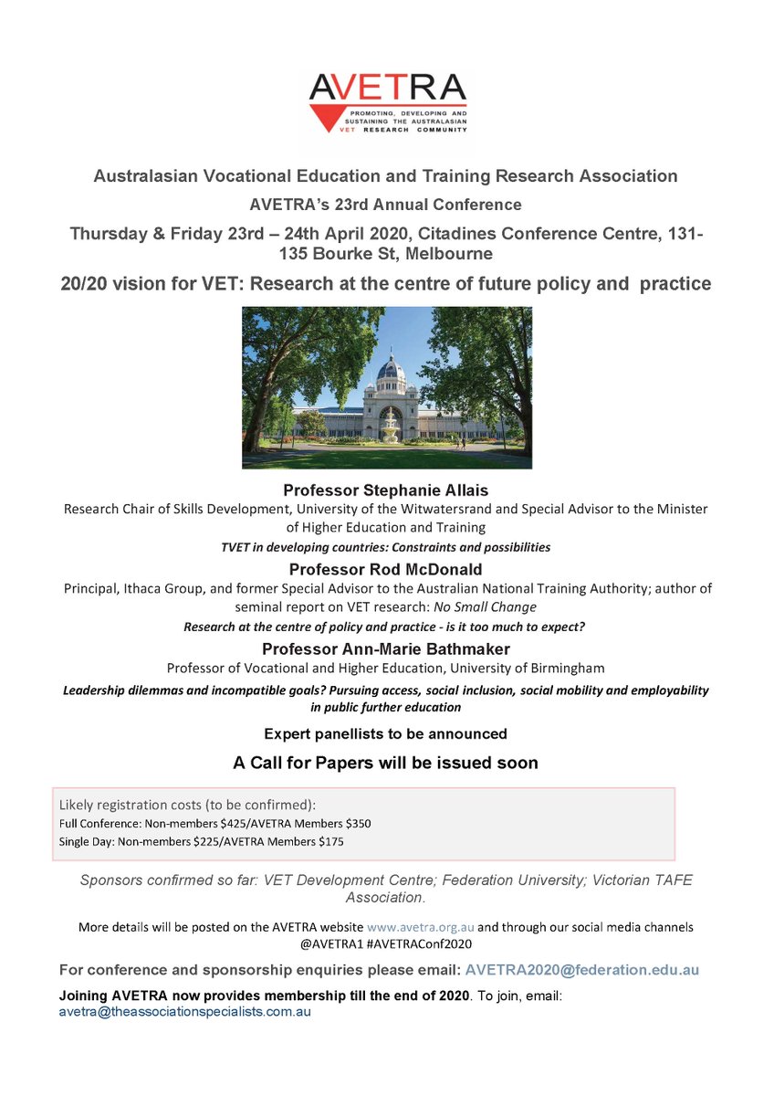 AVETRA1's tweet photo. Don't miss this great line-up, and more exciting panel announcements. Save the date - Melbourne April 23 and 24, at Citadines Conference Centre on Bourke St in the heart of #Melbourne. #AVETRAConf2020 https://t.co/sgD35NGIqO #VocEd #EduConf #EduChat #EduPol https://t.co/6CPKPa2e5i