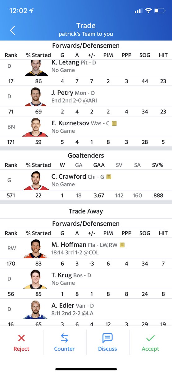 batflipin's tweet photo. @NHLJensen this trade was offered to me in a bangers league, all the categories are included and im also giving up markstrom, i should take it right? https://t.co/cjTAVB1VKu