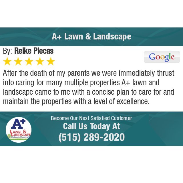 ApluslawnIA's tweet photo. 5 Star: Reike P. "After the death of my parents we were immediately thrust into caring for many multiple..." https://t.co/6se3XO5O0c https://t.co/1LxDCA3HQS