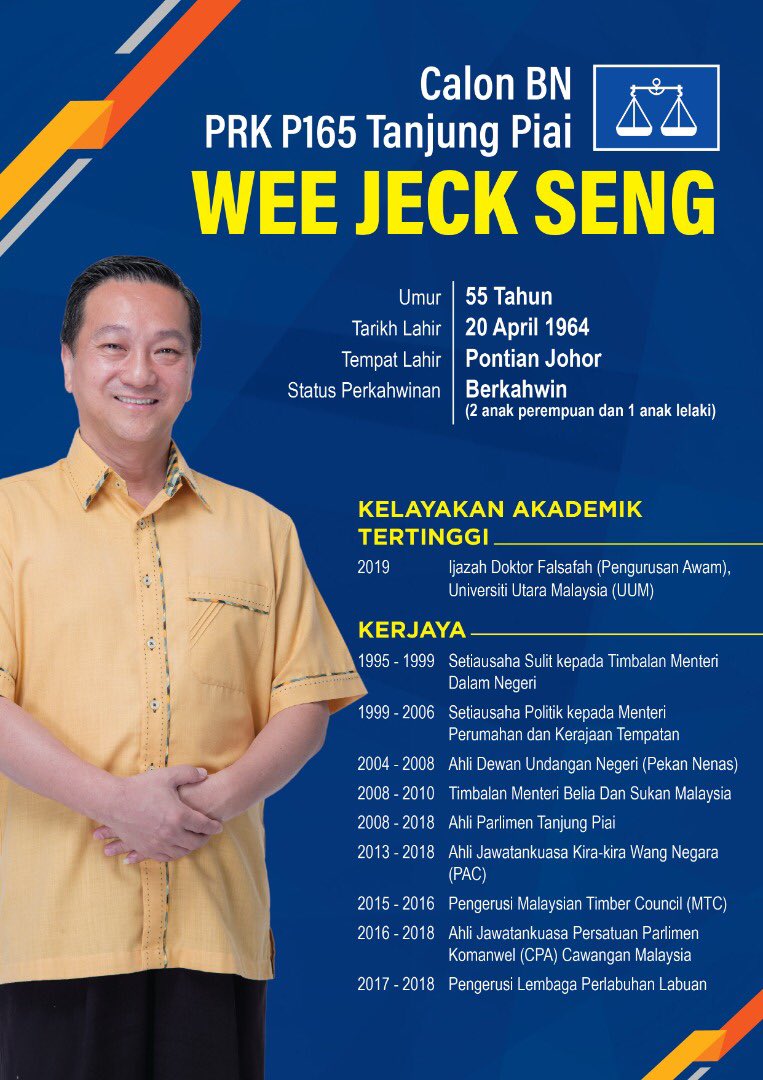 BNYVMY's tweet photo. Kenali calon @barisanasional, DS Dr Wee Jeck Seng #PRKTanjungPiai.

会见国阵 @barisanasional 候选人， 拿督斯里黄日升 https://t.co/OOsEErDh85