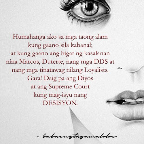 loidasandiego77's tweet photo. Humahanga ako sa mga taong alam kung gaano sila kabanal; at kung gaano ang bigat ng kasalanan nina Marcos, Duterte, nang mga DDS at nang mga tinatawag nilang Loyalists.
Gara! Daig pa ang Diyos at ang Supreme Court kung mag-isyu ng DESISYON #FeelingRighteous https://t.co/zHkEy14ICb