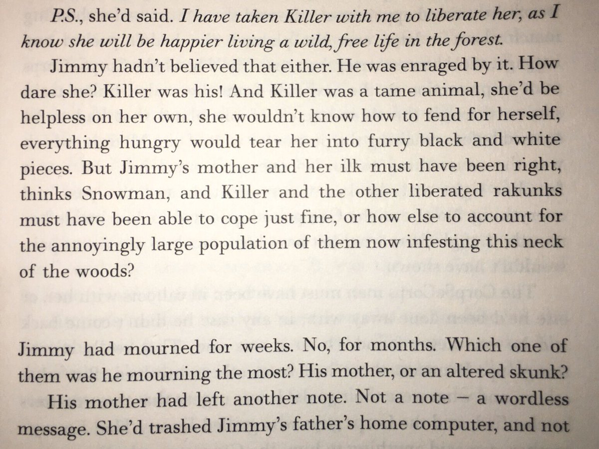 max6465k's tweet photo. In “Oryx an Crake” by Margaret Atwood, Jimmy experiences the Five Stages of Grief after his mother takes his pet rakunk, Killer. Immediately after he learns she took Killer, he is in denial, then he builds a sense of resent meant towards his mother, he wonders how Killer will... https://t.co/2pkNpyfmff