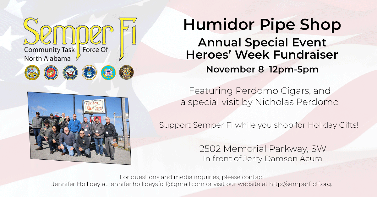 semperfictf's tweet photo. Visit the Humidor Pipe Shop on Nov 8, noon-5pm, and support @SemperFiCTF while you shop! All proceeds benefit Heroes' Week! https://t.co/SiaLnfkWQJ https://t.co/2k6Jc3eNPc