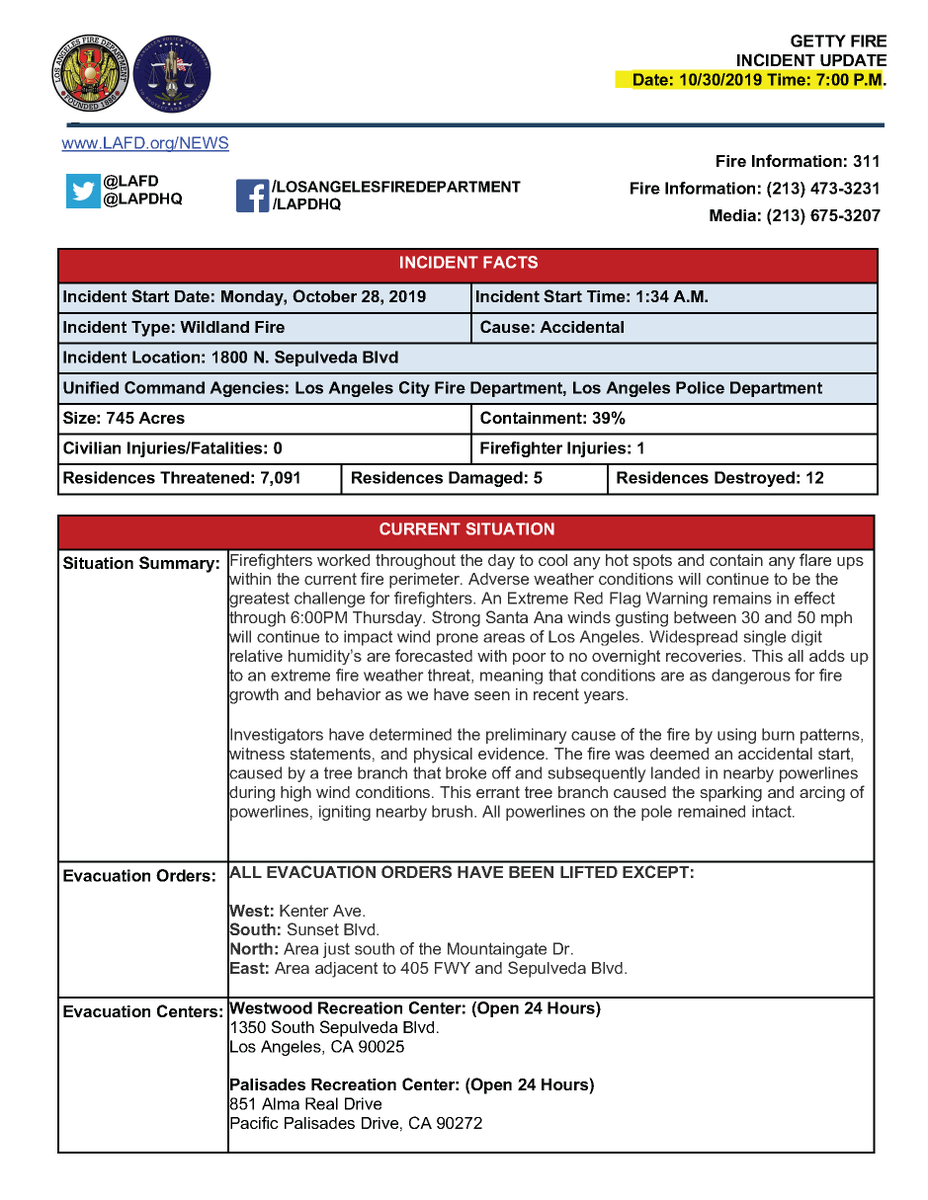 Page 1 of a 2 page document issued at 7:00 PM on October 30, 2019 with an update on the Getty Fire wildfire that started October 28, 2019. The link on this Twitter post leads you to https://www.lafd.org/news/getty-fire where content that can be accessed by a screen reader is available. If you desire additional assistance, please call (213) 473-3231.