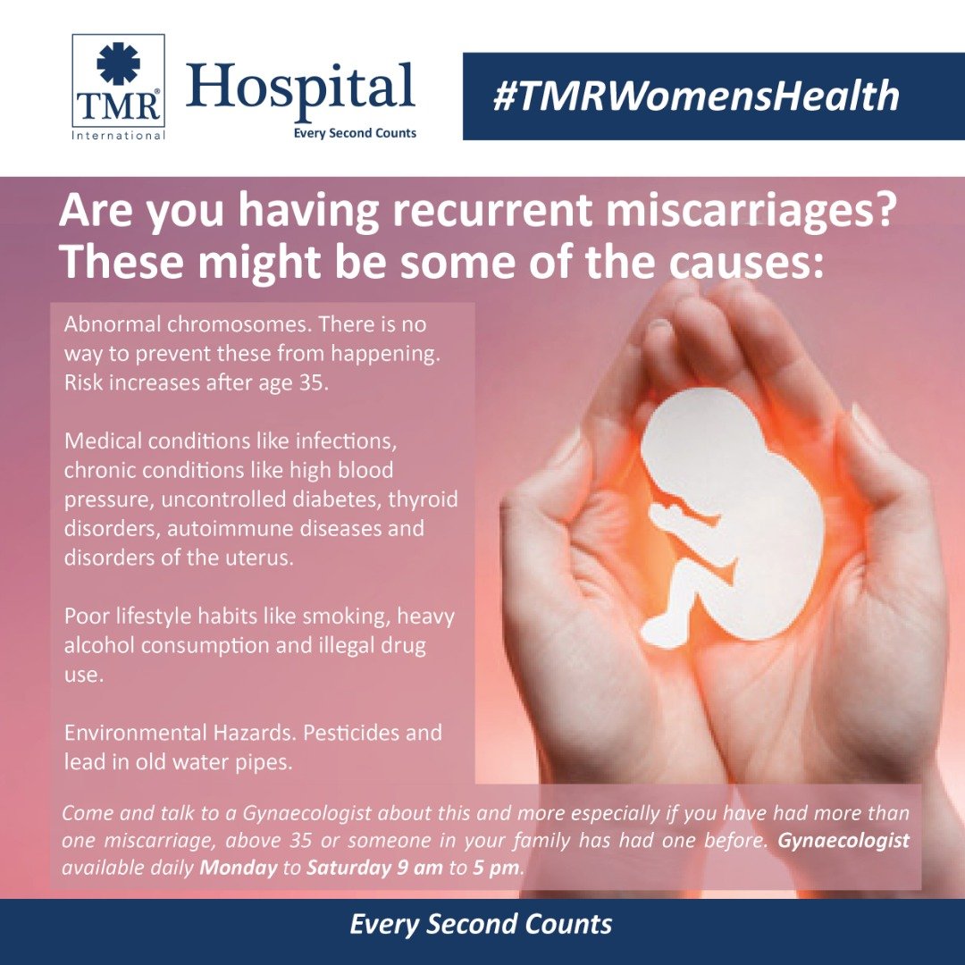 TMR_IntHospital's tweet photo. #TMRWomensHealth
Causes of miscarriages
🧬Abnormal chromosomes
⚕️ Medical conditions like diabetes
🏃♂️Poor lifestyle
☠️Environmental hazards like pesticides
See a gynaecologist at @TMR_IntHospital and get help.
#Pregnancy #pregnant #pregnancylife #motherhood #pregancyproblems https://t.co/NaQqf9kcwm