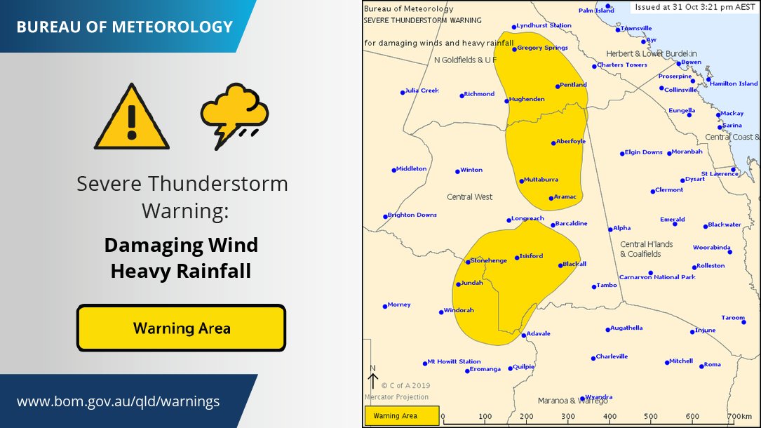 BOM_Qld's tweet photo. ⚠️WARNING updated for severe #thunderstorms likely to produce damaging #wind and heavy #rain that may lead to flash flooding. Includes: #Pentland, #Aramac #Muttaburra #GregorySprings #Aberfoyle #Isisford #Blackall #Stonehenge #Jundah. #QldStorm https://t.co/I9HZlpmfOq https://t.co/WWn44iJFp4
