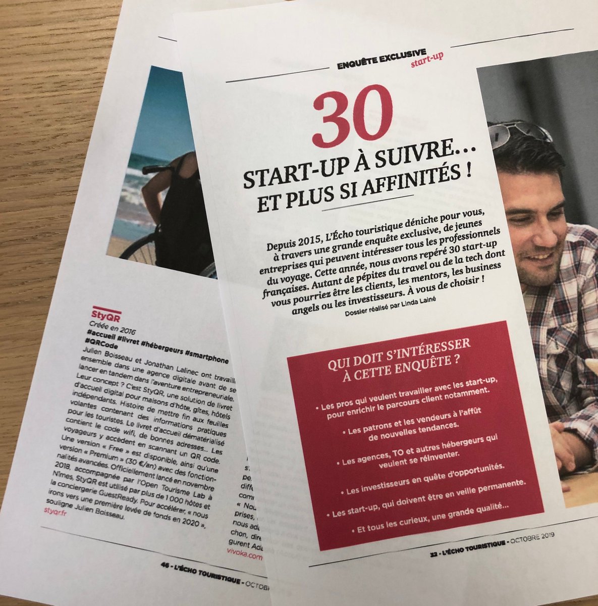 StyQR mis à l'honneur par <a href="/echotouristique/">L'Echo Touristique</a> parmi les 30 startups à suivre dans le domaine touristique ! 💥
Et on est plutôt fiers, alors merci à la rédaction et merci à tous les hôtes qui nous font déjà confiance pour accueillir leurs voyageurs avec notre livret digital 👌