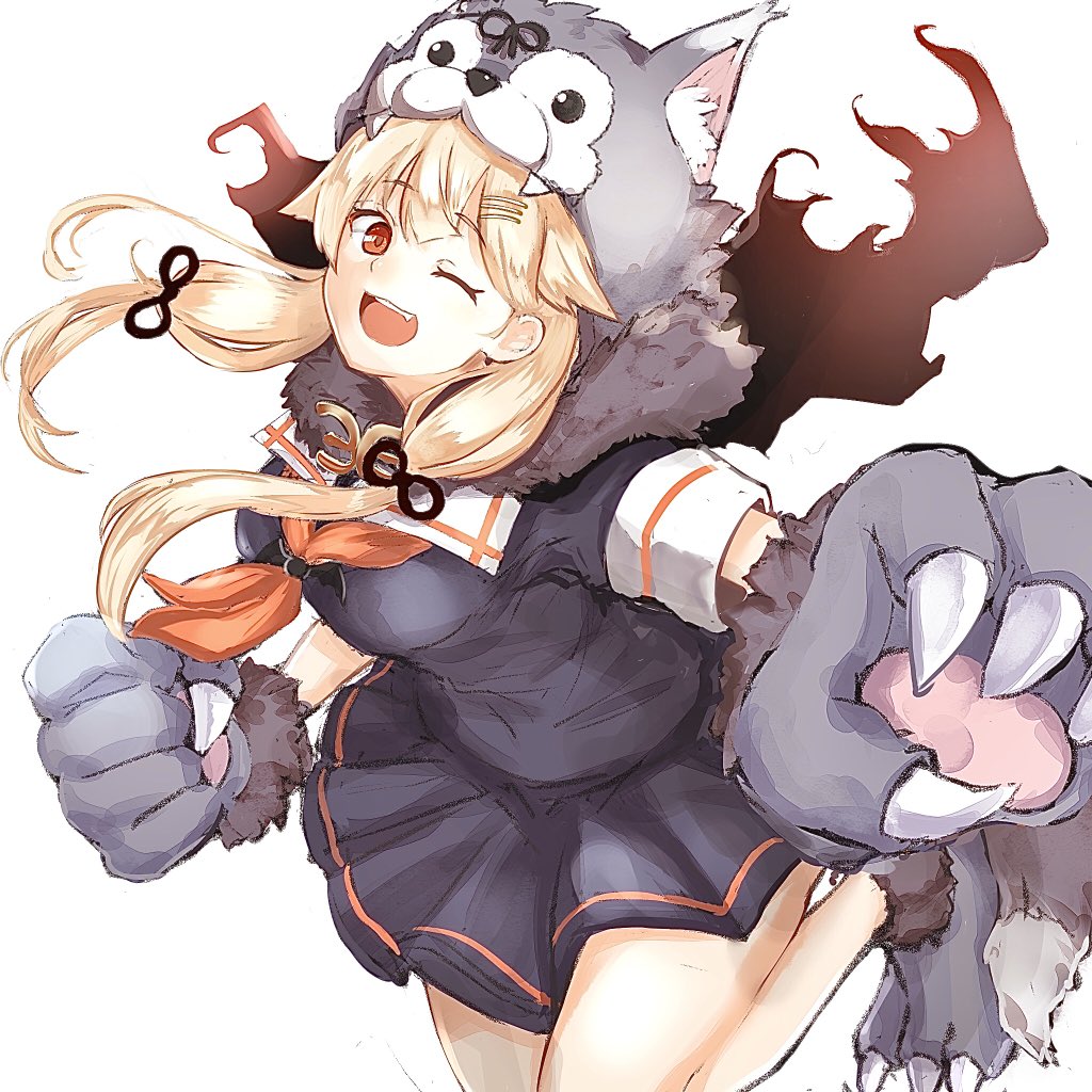 yuudachi (kancolle) ,yuudachi kai ni (kancolle) 1girl solo blonde hair animal hands paw gloves long hair school uniform  illustration images