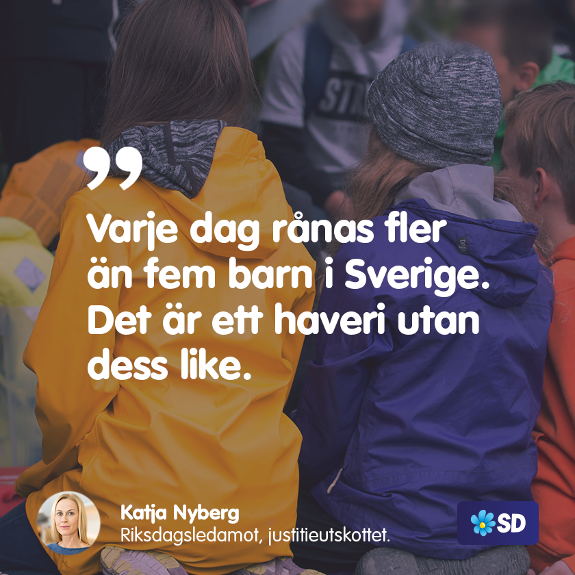 Varje dag rånas nu fler än fem barn i Sverige. Det är ett haveri utan dess like. Det visar på ett ofantligt misslyckande från regeringens sida och är ett tydligt facit på att deras symbolpolitik är verkningslös.  <a href="/Katja_Nyberg/">Katja Nyberg</a> 

aftonbladet.se/nyheter/a/VbX1…