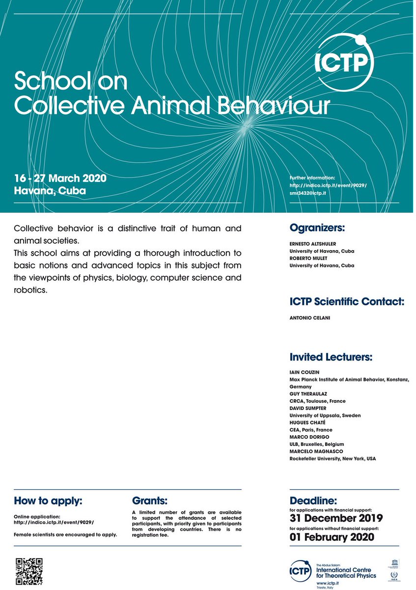 I am pleased to announce the School on Collective Animal Behaviour in Havana, Cuba (March 16-27, 2020) with many friends @icouzin @MarcoDorigo_ULB @Soccermatics Apply here: indico.ictp.it/event/9029/