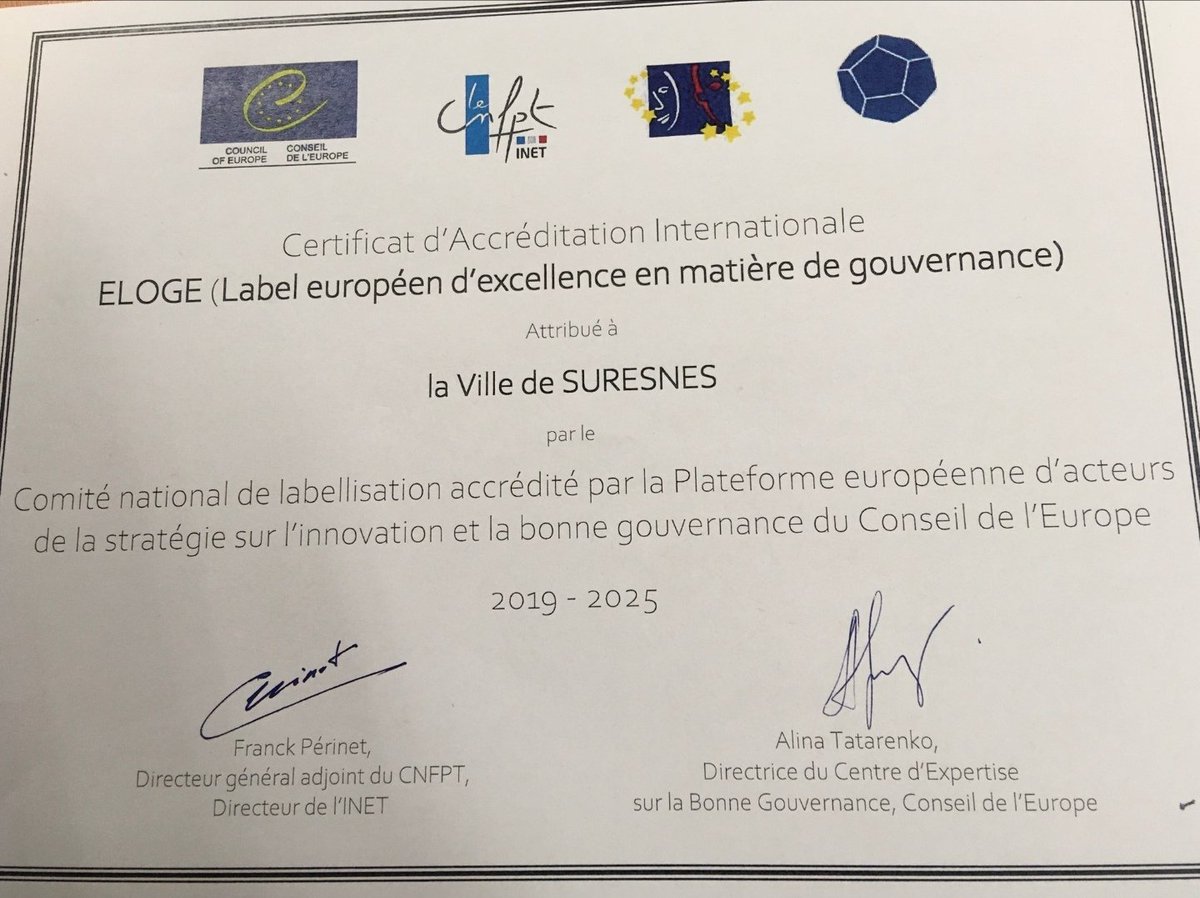 Grande fierté de voir le Conseil de l'Europe décerner à Suresnes le label ELOGE (certification CNPFT) qui récompense notamment notre bonne gouvernance financière, un régime indemnitaire au mérite innovant & l'amélioration de la qualité du service public ds le dialogue social!