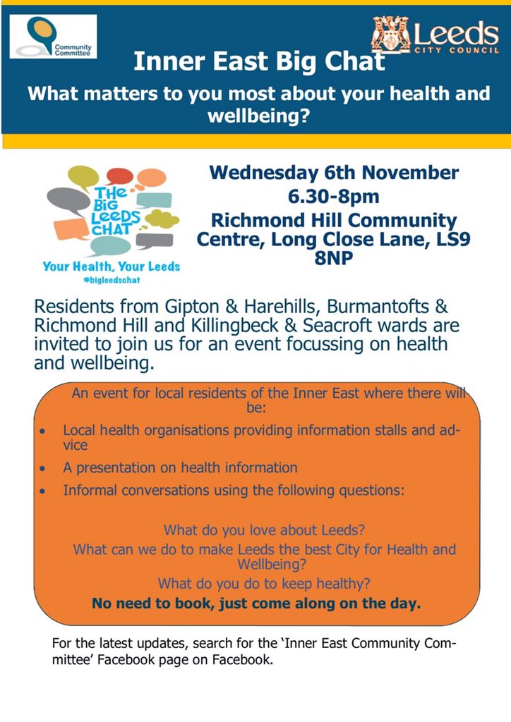 Are you coming to the #InnerEast #BigChat next week? An event for local residents to talk to decision makers about what matters to you about your health & wellbeing, meet local health organisations and learn about the main health issues in your area.

#HaveYourSay #LeedsBigChat