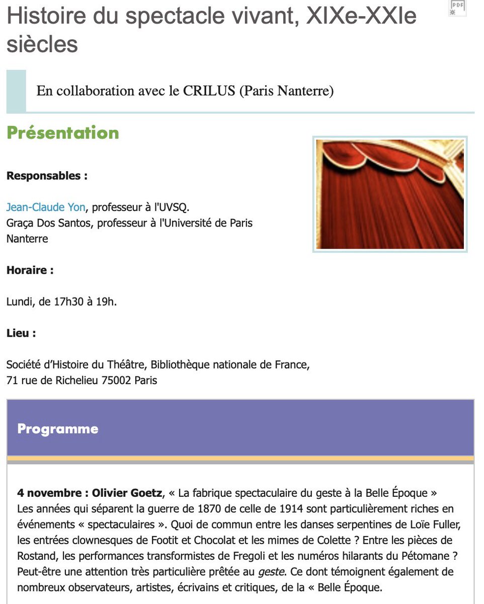oliviergoetz's tweet photo. Lundi 4 novembre, j’ai l’honneur d’ouvrir le séminaire de Jean-Claude Yon. Mon intervention portera sur « La fabrique spectaculaire du geste à la Belle Époque ». #SocietedHistoiredeTheatre #UVSQ #CRILUS #2L2S https://t.co/gTs1Dce0ck