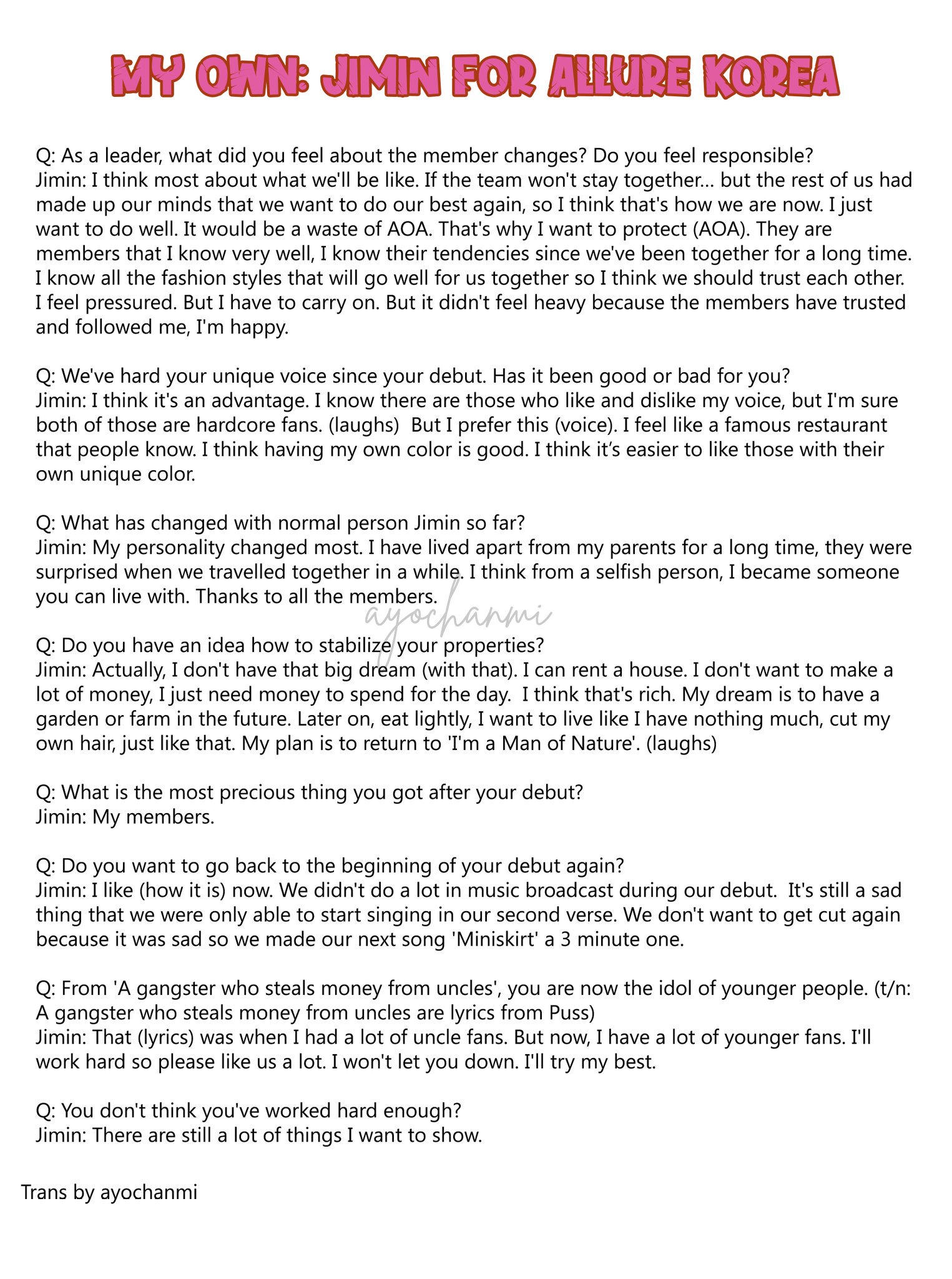 Caren Is Tired Trans Jimin S Full Interview For Allure Korea October Issue T Co Idfwor64kd Aoa Queendom Jimin 신지민 지민 퀸덤 T Co Wijt8cvtik