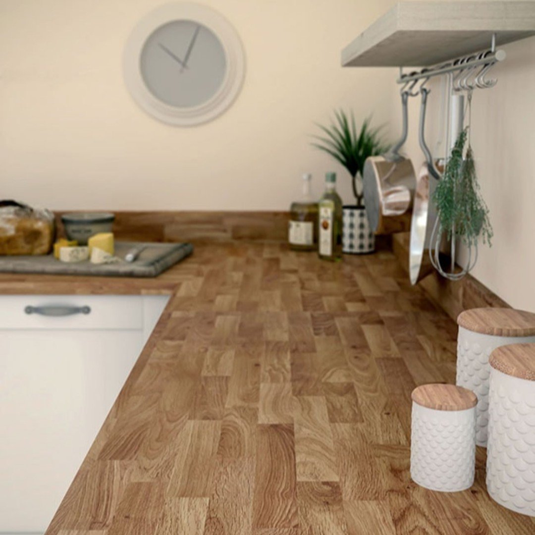 kitchensInstock's tweet photo. The Bushboard Options laminate worktop collection allows you to create a distinctly top end look in your kitchen through a range of classic laminate countertop designs. 
Pictured is the Stableford Oak Block worktop. https://t.co/vs7F6mL9SM