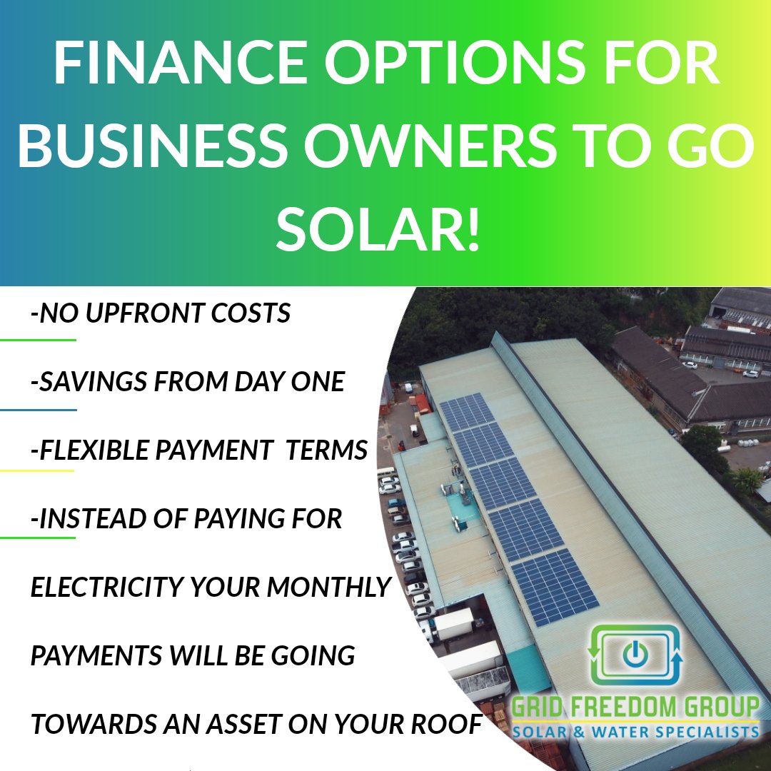 group_grid's tweet image. Grid Freedom Group is proud to announce an exciting finance option to assist your business in reducing it’s electricity costs with no upfront capital required!

Contact us!
031 940 3961
021 202 8249
010 442 5794
041 450 6323 
Sales@gridfreedom.co.za
gridfreedomgroup.co.za