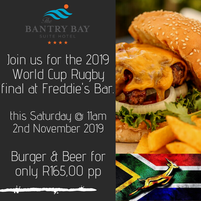 Join us this coming Saturday in support of the Bokke - final Rugby world cup 2019
Burger + Beer special @ R165,00 pp
#gobokke #rugbyworldcup2019 #bantrybaysuitehotel #bantrybay