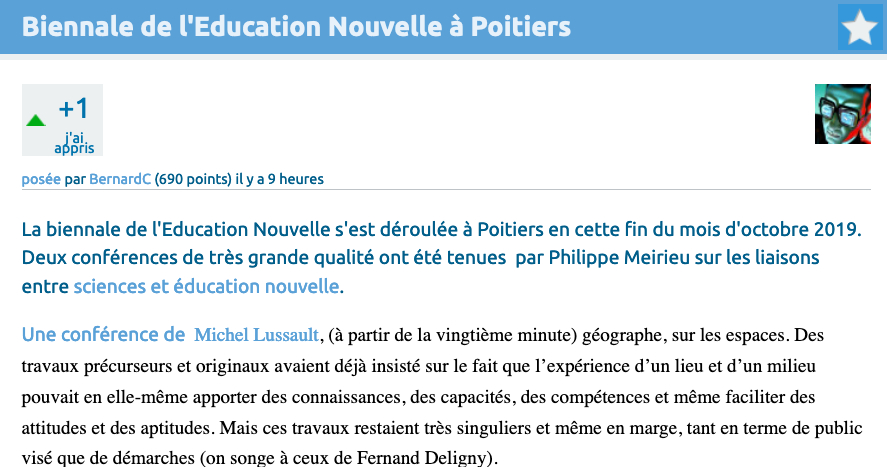 Sur le #ForumApprenant découvrez les conférences de Philippe Meirieu sur les liaisons entre sciences et éducation nouvelle et de Michel Lussault. Venez partager vos réactions, questions, remarques et analyses sur le Forum.
academie-apprenante.ac-dijon.fr/forum-apprenan…