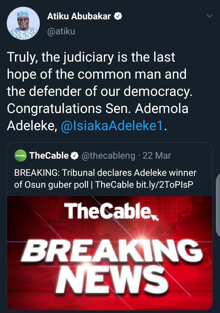 RuthlessAnalyst's tweet photo. When Court ruling swing in your Favour, "THE JUDICIARY is the Last Hope of the Common Man & Defender of Our Democracy", if Otherwise "The JUDICIARY has been SABOTAGED"...
Typical Mentality of Nigerian Politician.
Ogbeni #Atiku should go & Rest Jare!
@NigeriaInfoAbj
#AtikuIsGone https://t.co/D2y144AcIK