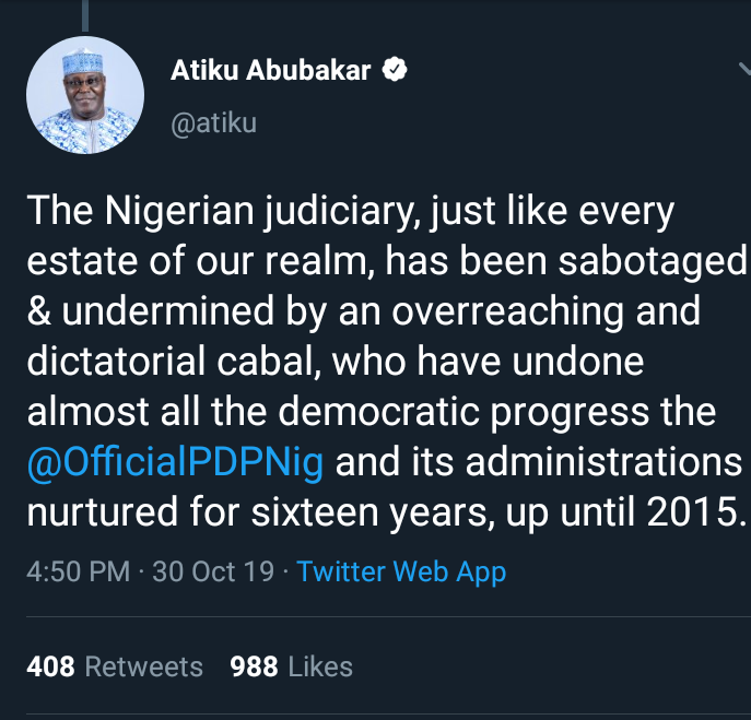 RuthlessAnalyst's tweet photo. When Court ruling swing in your Favour, "THE JUDICIARY is the Last Hope of the Common Man & Defender of Our Democracy", if Otherwise "The JUDICIARY has been SABOTAGED"...
Typical Mentality of Nigerian Politician.
Ogbeni #Atiku should go & Rest Jare!
@NigeriaInfoAbj
#AtikuIsGone https://t.co/D2y144AcIK