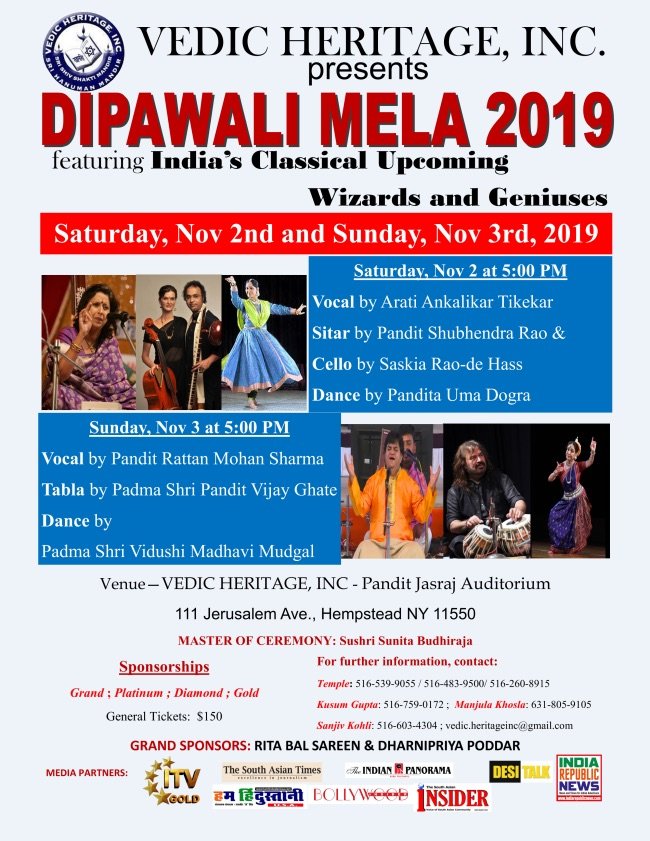 Off to New York again to perform at this amazing festival, 'Diwali Mela 2019' being organised by the #VedicHeritageInc. 3rd concert in NY this year--in May for #Chhandayan, in Oct at the #IndianConsulate to celebrate #MahatmaGandhi's 150th birth anniversary and now, in Hempstead