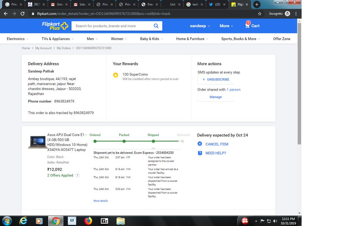 sandythechamp's tweet photo. #Flipkart #flipkartsupport  Dear all member of flipkart and flipkartsupport. i was ordered a laptop on 3rd of Oct. today is 31 Oct. your expected Delivery date is Oct 24 but still not received that product. i was made too many time complain of that. My contact No. is : 8963824979 https://t.co/ewOcXwa3Ov