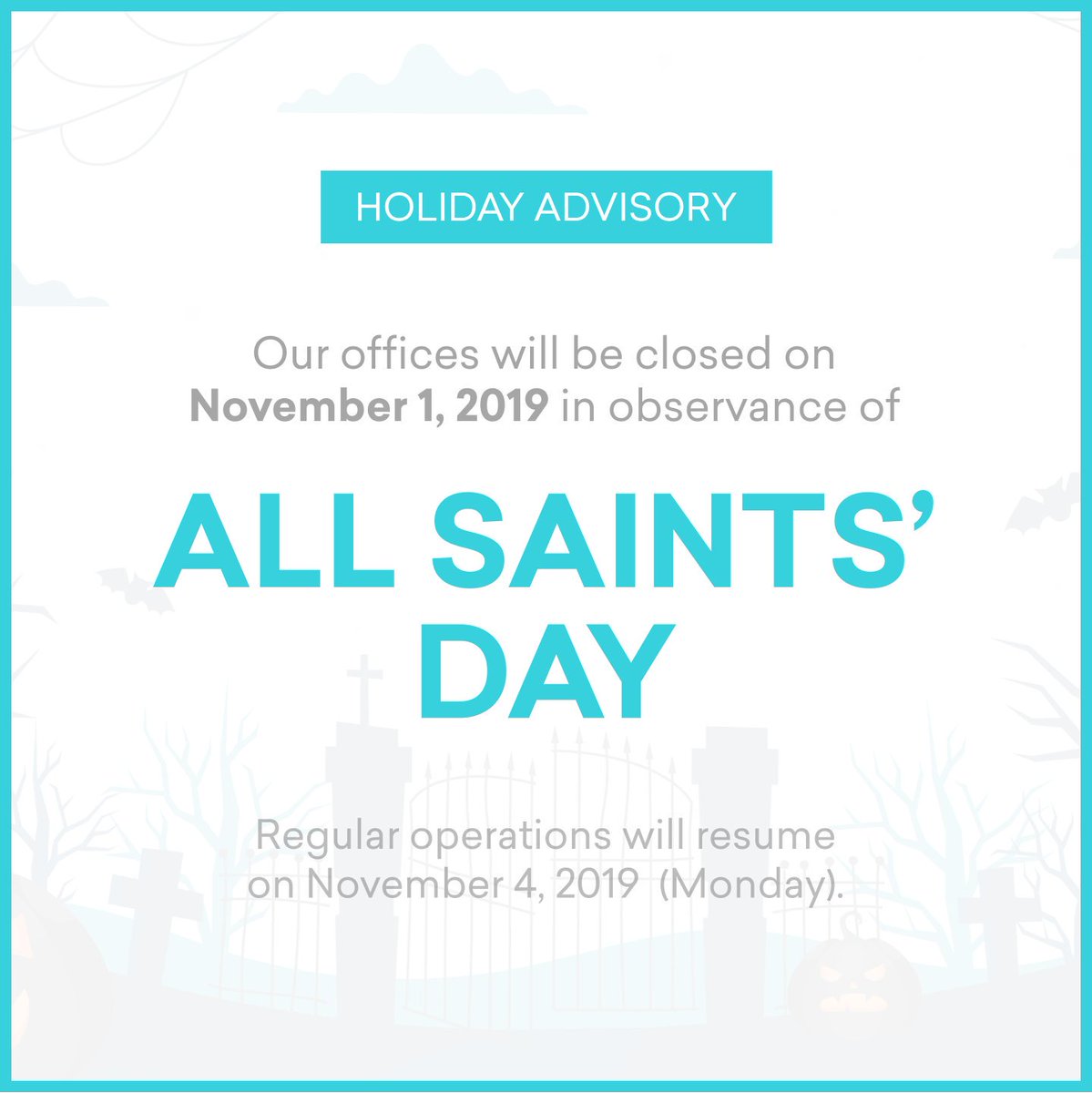 AQwireOfficial's tweet photo. Please be informed that our offices will be closed on November 1, 2019 in observance of All Saint's Day.

Should you need urgent assistance, please send us an email at support@qwikwire.com. Thank you. https://t.co/igidwLQShj