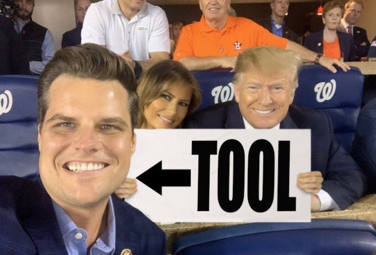 msvespa's tweet photo. @RealMuckmaker @frmgrl42 That's because #MattGaetsIsATool. Even the President knows #MattGaetzIsATool https://t.co/qvf1yoCVLR