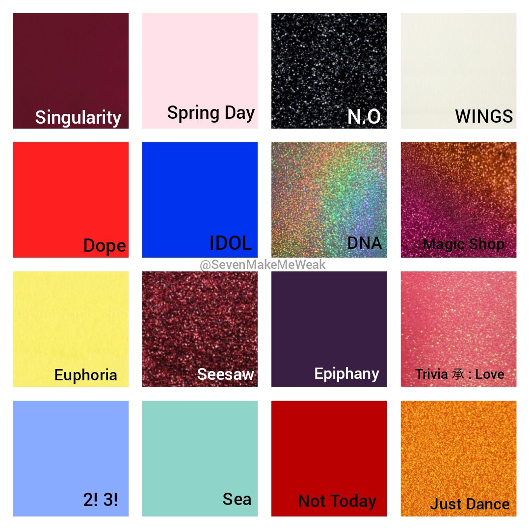 SevenMakeMeWeak's tweet photo. The Bangtan Palette 👁️
Bored so I made some #BTS inspired eyeshadow palettes.
Putting my synesthesia to use, I guess.
Hope you like them!!
(please don't steal/repost. took a long time for me to make. thanks.)
#BTSourUniverse #BTSPavedTheWay #BTScosmetics @BTS_twt #BTS https://t.co/hDCD4Vp5Jx