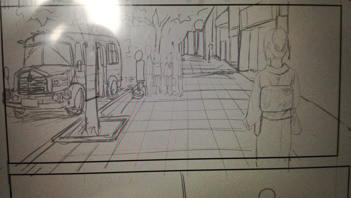 今日描いてたとこ
左のボンネットバスは昭和42年にはほとんど走ってなかったのですが、奇跡的に当時の毎日新聞の記事で運行を確認できたので、入れてみました。 