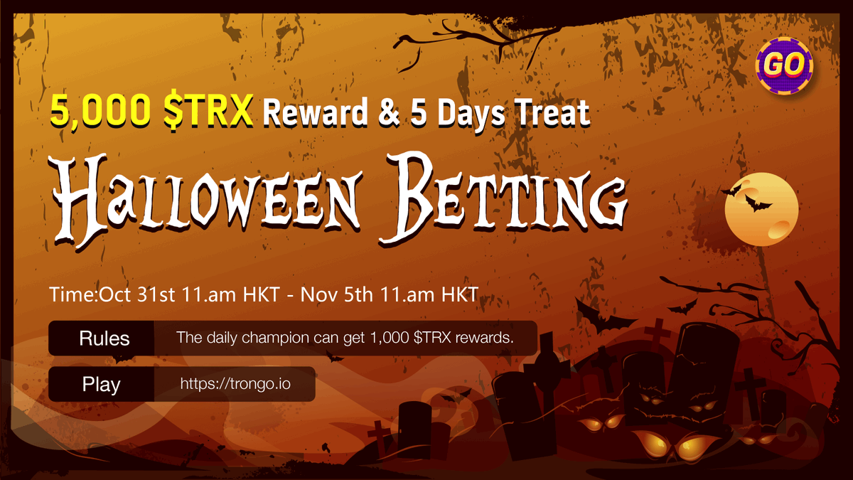 Trongo_official's tweet photo. 🎃TronGo Halloween Betting!
💰5,000 $TRX Reward & 5 Days Treat
⏰Time: Oct 31st 11 am HKT - Nov 5th 11 am HKT
💫Rules: The daily champion can get 1,000 $TRX rewards.
🎉Play: https://t.co/fo4xKH6uv8 https://t.co/BhVEiQyW4l