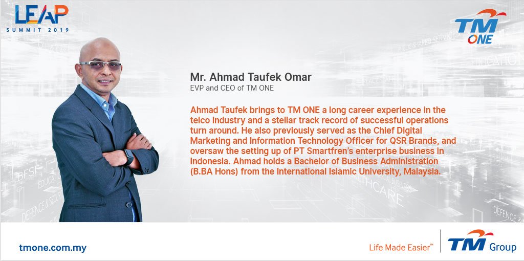 TM_One's tweet image. We&apos;re thrilled to welcome our new EVP &amp;amp; CEO, Mr. Ahmad Taufek Omar, to his first #TMONELEAP. And we&apos;re extremely excited to venture with him in taking #TMONE to greater heights. Register your interest now to be part of TM ONE LEAP Summit 2019: bit.ly/2NpTRMs