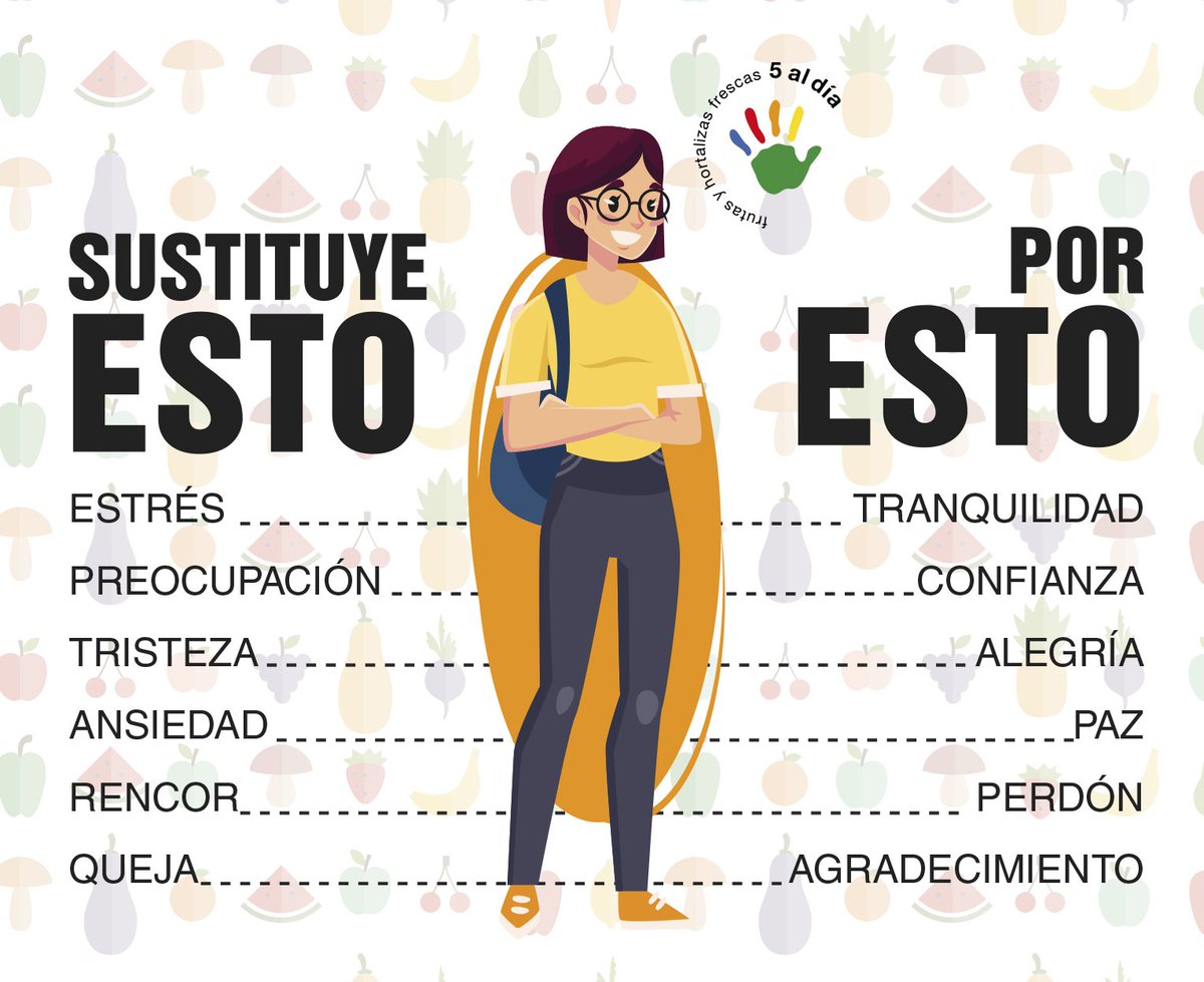 Menos #estrés... más #tranquilidad 😊 #5aldía te da algunos #consejos para vivir más #feliz 😍 ¡No olvides #Practicarel5! 🖐 #FrutasyHortalizasSiempre 🍉🍌🍊🥕🍅
