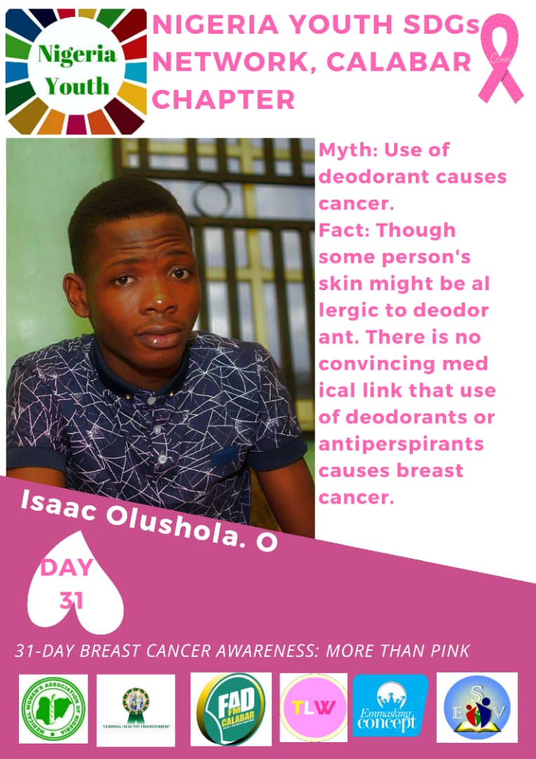 Praises26's tweet photo. We are 31st days strong💃🏻💃. Did you know, There is no evidence relating the use of deodorant to breast cancer? 

#BreastCancerAwarenessMonth
#Day31
#breastcancerawareness
#BreastCancer
#PinkMonth
#MoreThanPink
#SDG3 
#Oct_31
#KnowTodaySaveTomorrrow
@NGYouthSDGs
@UNFPANigeria https://t.co/l9wGfNhC28