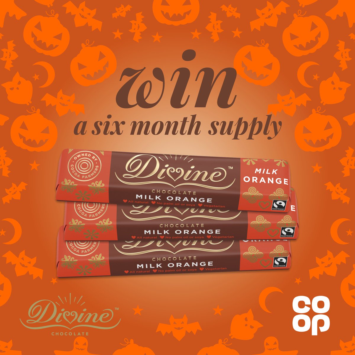 DOUBLE HALLOWEEN CELEBRATION 🎃👻

We want to celebrate #Halloween, AND the fact our impulse milk orange bars are now in <a href="/coopuk/">Co-op</a> stores
So we're giving you the chance of winning a 6 months’ supply of our #seriouslygoodchocolate 

To enter:follow <a href="/divinechocolate/">Divine Chocolate</a> &amp;RT #competition