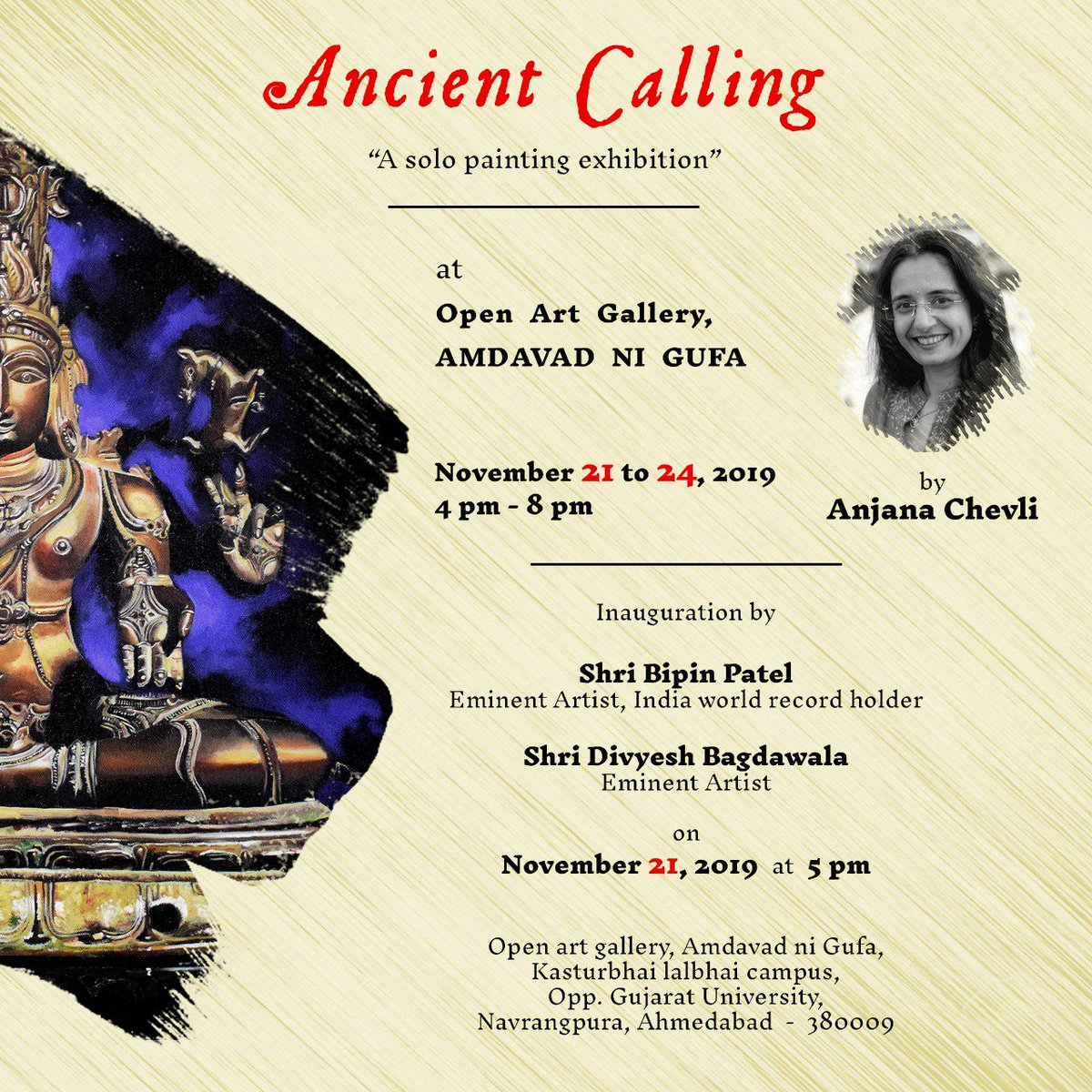 ArtAnjana's tweet photo. #invitation of coming exhibition of my #paintings "#AncientCalling"
at #Ahmedabad #India
in #November
#art #ArtLovers
@AsiaArtProjects @ArtMonthly @AsiaSocietyNY @AsiaSociety
@DalrympleWill ji. @Art_Curators
@TOIAhmedabad @aapnuamdavad https://t.co/eZz0FQpPuB