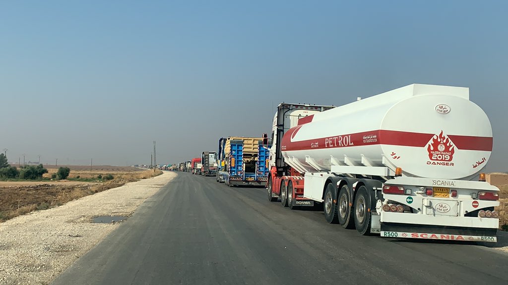 MHJournalist's tweet photo. Hundreds of Empty trucks and AMERIVAN armored vehicles going now by M4 road from Tiltamir forwards #Ain Issa and #Kobane https://t.co/DLsZn3xmxw