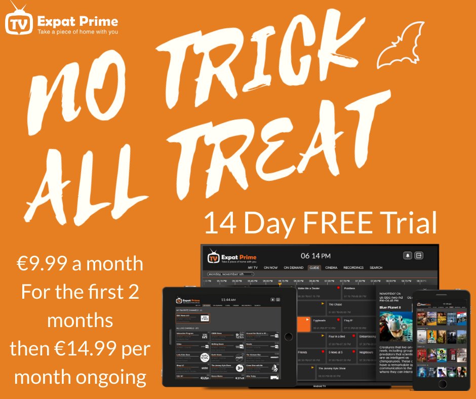 ExpatPrime's tweet photo. Open up a world of entertainment with Expat Prime TV. 
With over 90+ channels available, 7 days Catch-up and recording facilities.
Get your 14 day FREE trial now. 
FREE Set Top Box available for all Expat Prime Customers! 
#Halloween #HappyHalloween #Treat #ExpatPrime https://t.co/AHwIQRe2S7